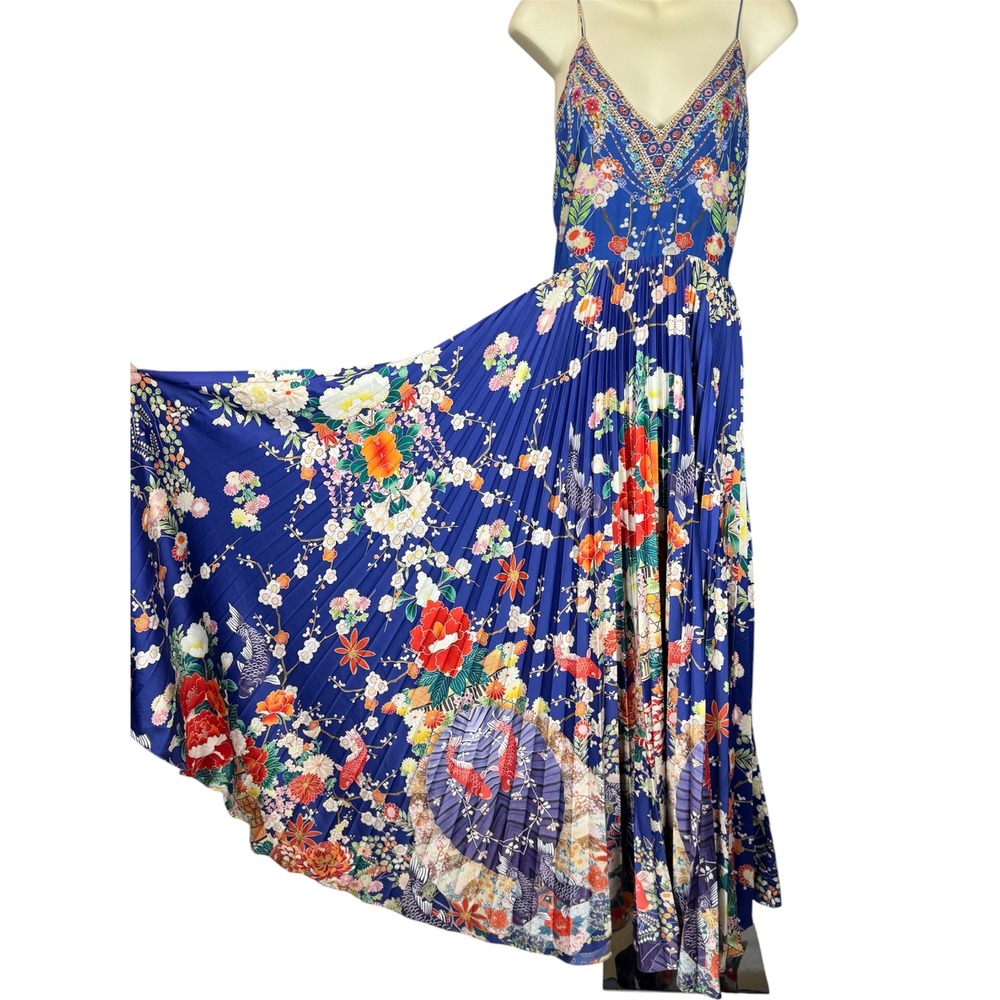 RARE CAMILLA Silk Pleated Maxi Dress Koi Fish Japanese Garden XS/S Archived